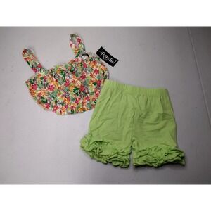 Honey Bean Rare Too Girls Floral Crop Top Lime Green Ruffle Shorts Set Size 6